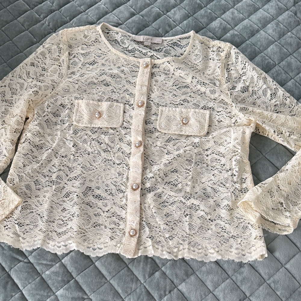 LOFT Ivory Lace Blouse with Pearl Buttons